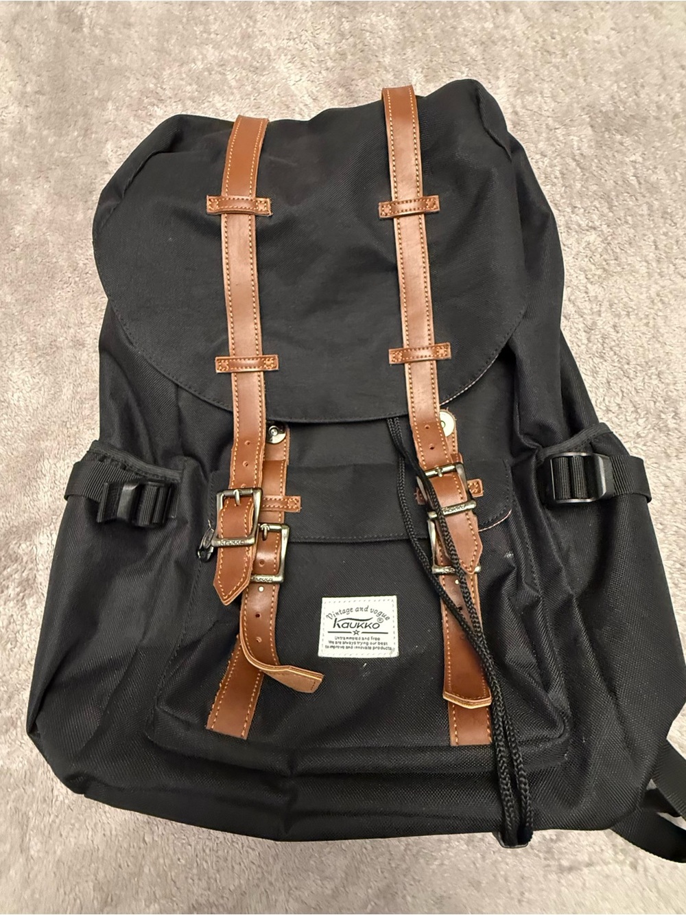 Kaukko Men's Black Backpack with Brown Trim - Casual Daypack/Hiking